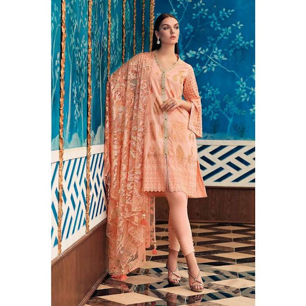 Gul Ahmed lawn peach color printed embroidered suit