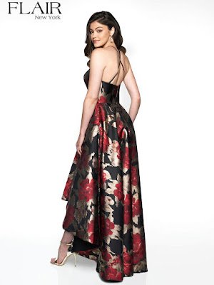 Brocade Hi-low prom black-red color dress back side