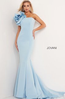 Light-Blue One Shoulder Fitted Scuba Red Carpet Jovani Dress back design