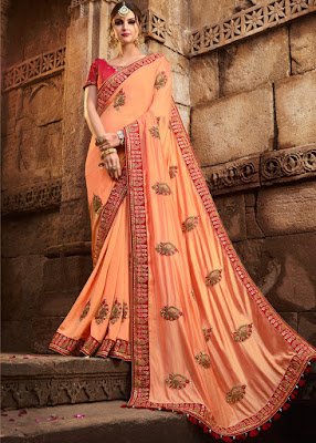 Art silk Peach with heavy blouse indian party wear fancy saree
