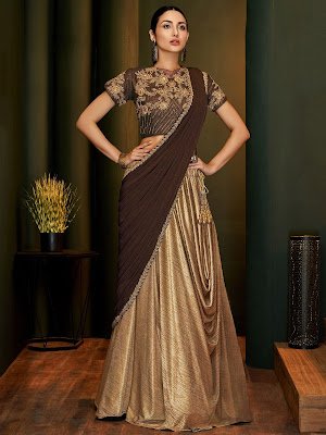 Indian Party Wear Brown and Golden Lycra Pre Stitched Fancy Lehenga Saree