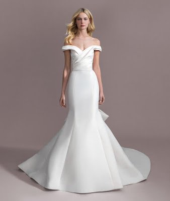 Allison Webb Draped off the shoulder fit and flare bridal dress