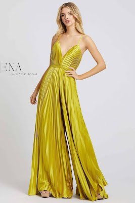 Pleated jump suit evening dress Ieena For Mac Duggal Chartreuse Color