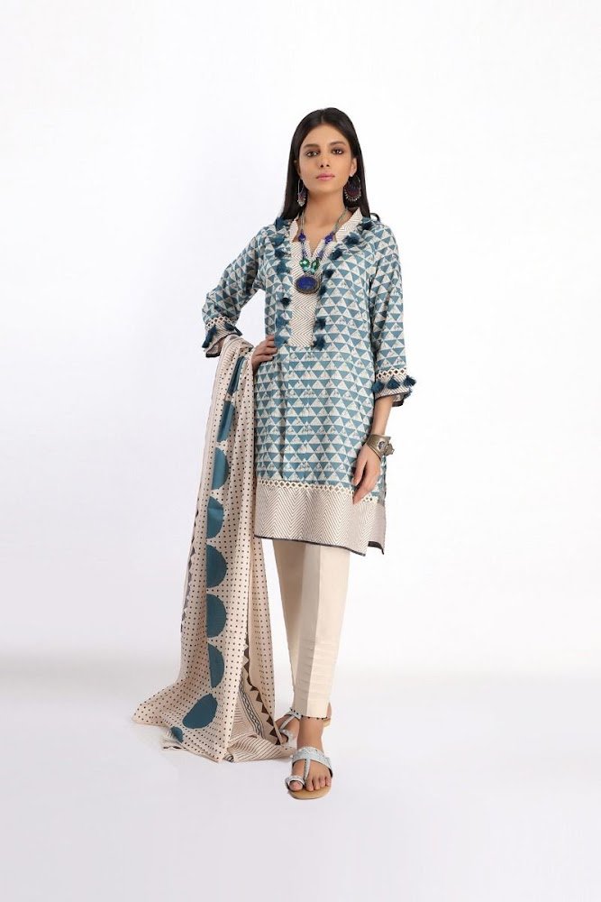 khaadi sky blue printed lawn shirt dupatta