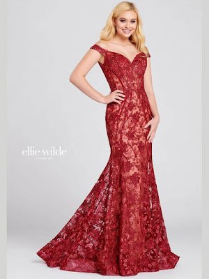 Ellie Wilde off-the shoulder Wine color Prom dress