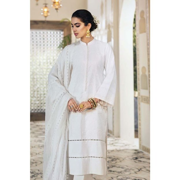 Gul Ahmed Lawn collection white color printed embroidered suit