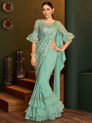 Sea Green Lycra Pre Stitched Tiered Ruffle Saree with Beads party Wear