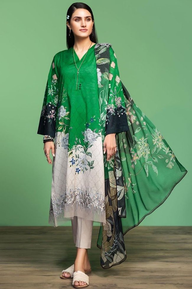 Nishatlinen Embroidered Green Lawn Suit
