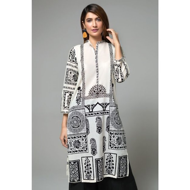 Gul Ahmed ready to wear kurti Black & white color printed collection