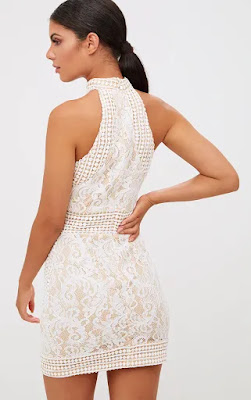 White High Neck lace crochet bodycon prom dress back side