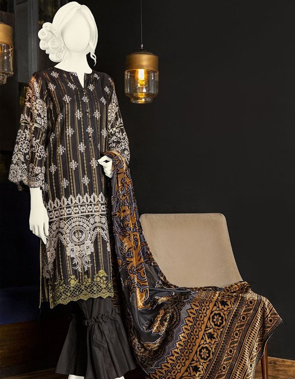 J. Junaid jamshed winter collection Black color printed jacquard shirt with palachi dupatta
