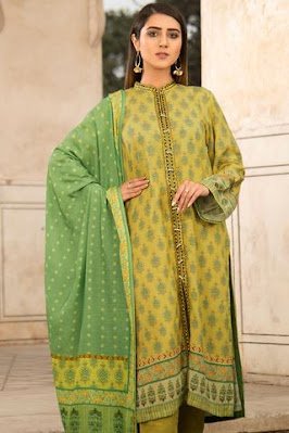 Wrada printed silk karandi shirt dupatta suit with green lemon color winter unstitched