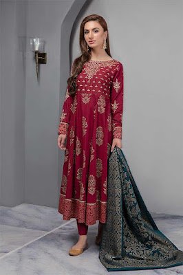 Maria B Embroidered Long Maroon Color Dress
