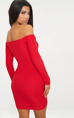 Red ribbed long sleeve bardot ruched bodycon party dress back side