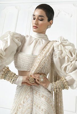 Manish Malhotra saree collection Ivory Chiffon Stitch Saree front side