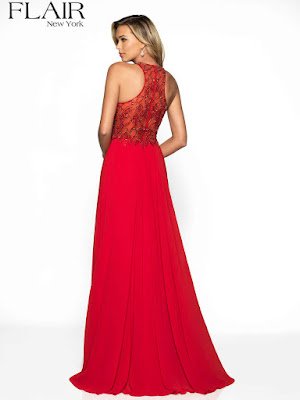 High Neck Chiffon Flair double silt Prom Red color dress back side