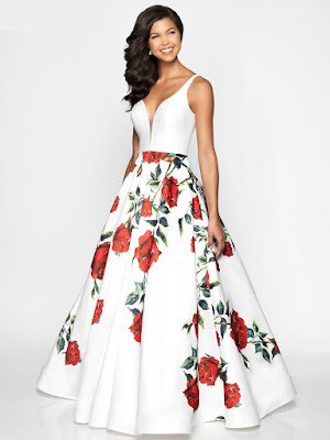 V-neck Floral Flair Print mikado Prom Ivory-red rose dress