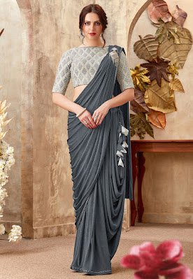 Indian Party Wear Pre-stitched Lycra Cowl Style Saree in Dark Grey