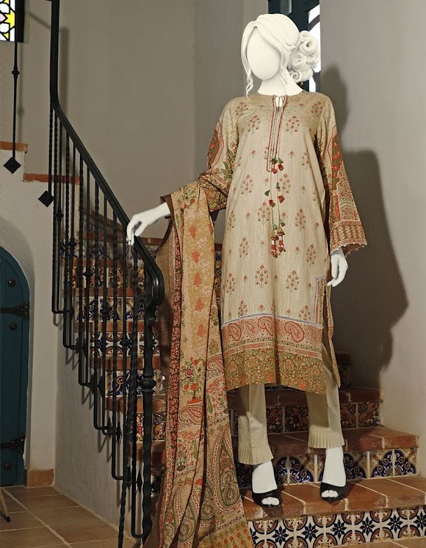 J. Juanid Jamshed winter unstitched collrction beige printed khaddar shirt with pashmina shawl