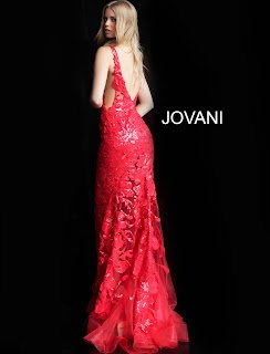Red Color Plunging Neckline Embellished Red Carpet Jovani Design Dress