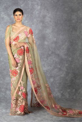 Manish Malhotra saree collection Olive Green tulle Saree