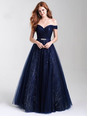 Off the shoulder Madison Jame prom dresses Navy Blue color
