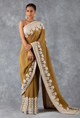Manish malhotra saree collection Olive green georgette with kashmiri saree
