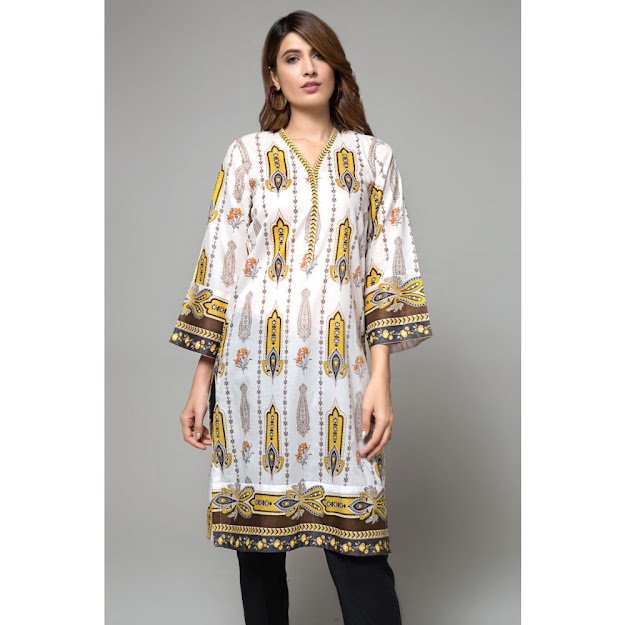 Gul Ahmed ready to wear kurti white & yellow color printed collection