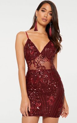 Burgundy strappy sheer panel sequin bodycon prom dress
