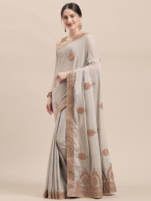 Indian Party wear Peach Chinon Silk Saree with Zari and Thread Embroidery