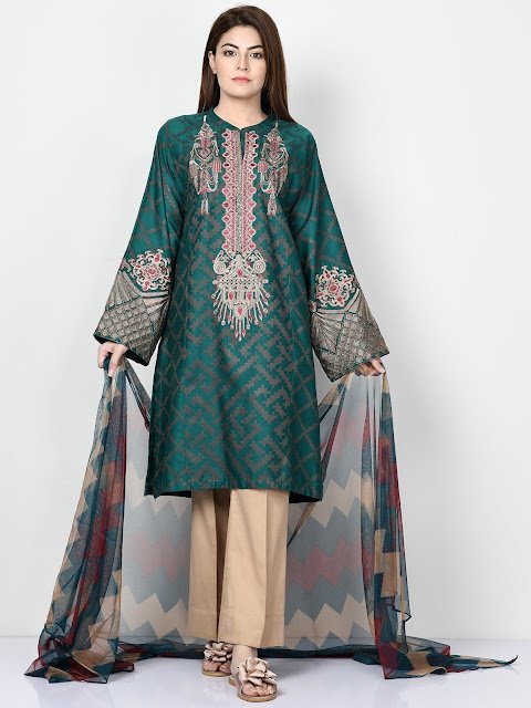 Limelight green color printed jacquard suit winter pret collection