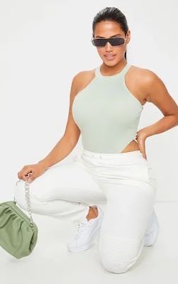 Shape sage green rib high neck sleeveless bodysuit