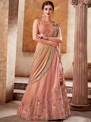Indian Party Wear Peach Silk Designer Embroidered Lehenga Saree with 3D Flowers