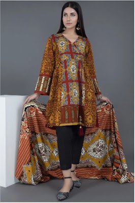 Brown and maroon khaddar 2 piece suit with printed dupatta