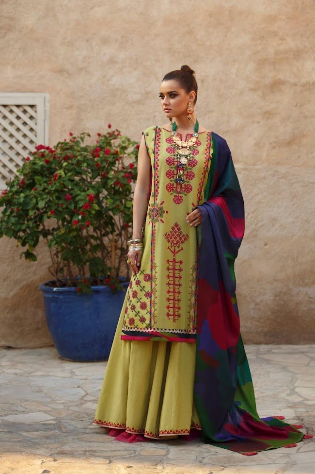 Ethnic Olive Suit Embroidered Lawn