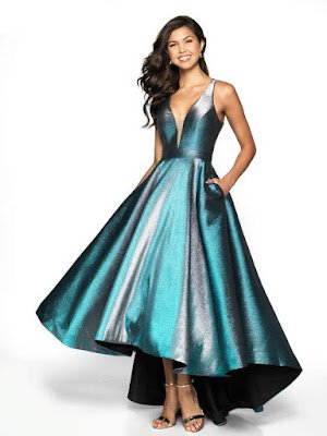 Metalic Mikado open back flair prom Dress Blue/silver color