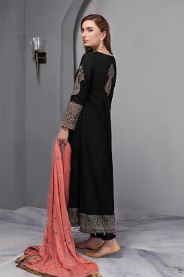 Maria B long front open embroidered black color suit back design