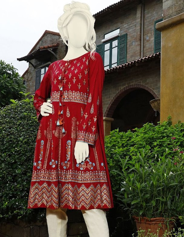 J. Junaid Jasmhed pret red printed crimbric kurti for women winter collection