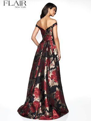 Off the shoulder brocade flair prom dress black& Red color back side
