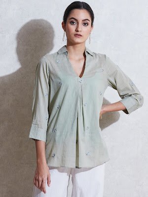 Ritu Kumar sage green self-work cotton Kurti