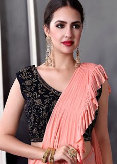 Peach Lycra Pre-Stitched Ruffled Saree With Blouse indian party saree front design
