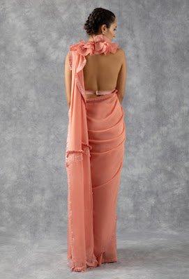 Manish Malhotra Saree collection coral stripe saree back side