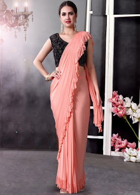Peach Lycra Pre-Stitched Ruffled Saree With Blouse indian party saree