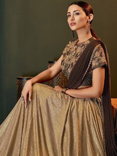 Indian Party Wear Brown and Golden Lycra Pre Stitched Fancy Lehenga Saree Front Design