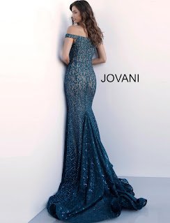 Peacock and Nude Underlay Off The shoulder Jovani Red Carpet Dress back design