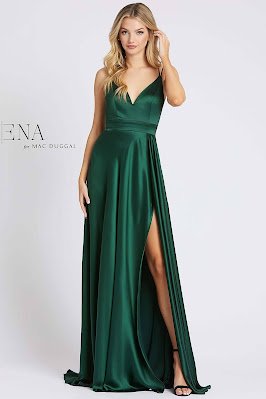 V-neckline A-line For Ieene Mac Dugga Evening Dress Dark Green color