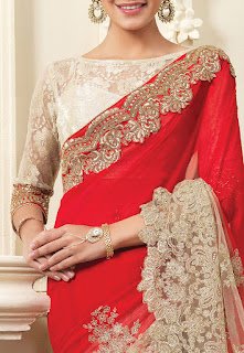 Half N Half Embroidered Georgette and Net Saree in Red and Beige front Design