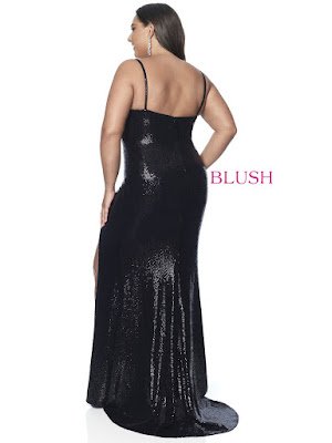 Scope Neckline Blush Fitted Plus size One Slit Prom black dress back side