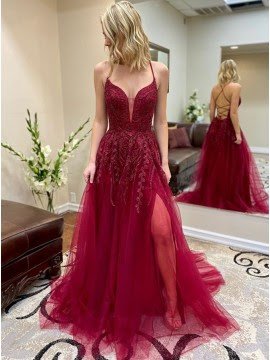 Fuchsia spaghetti straps long prom dress