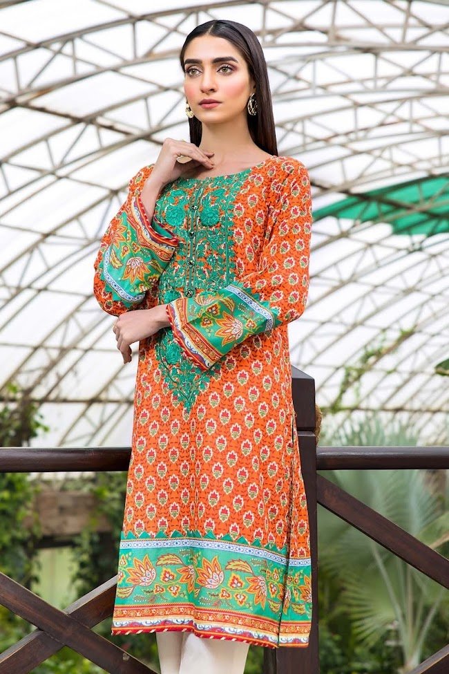 Warda lawn Embroidered Shirt Orange color